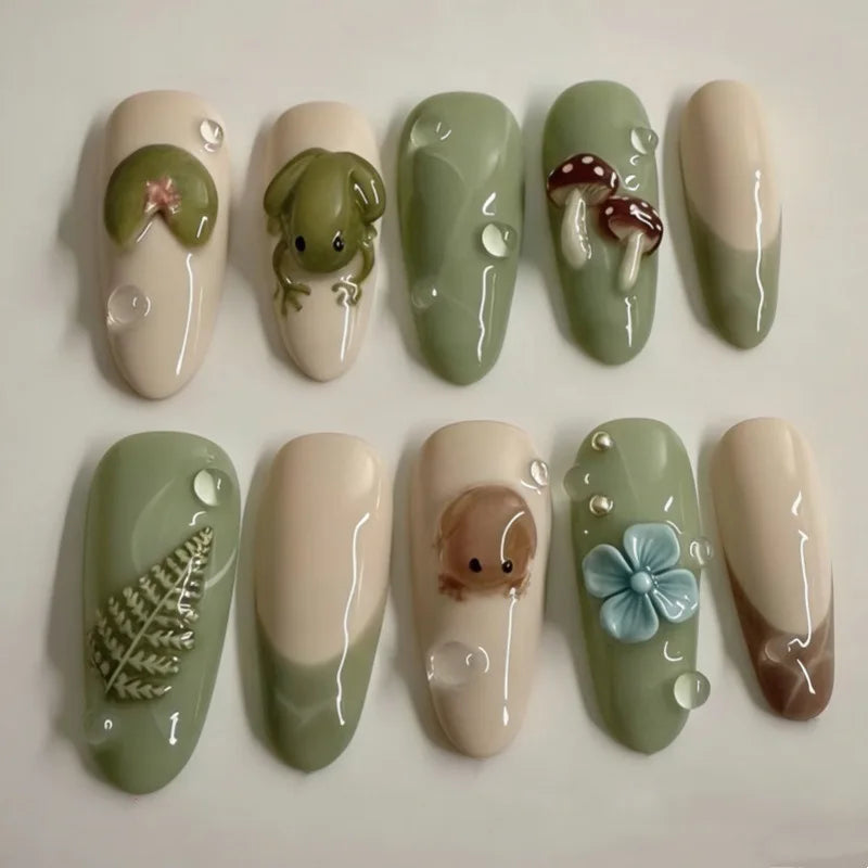 24PCS Summer Green Lotus Almond Press on Nails Cute Frog French Fake Nails for Women Fresh Flowers Wearable Manicure with Glue