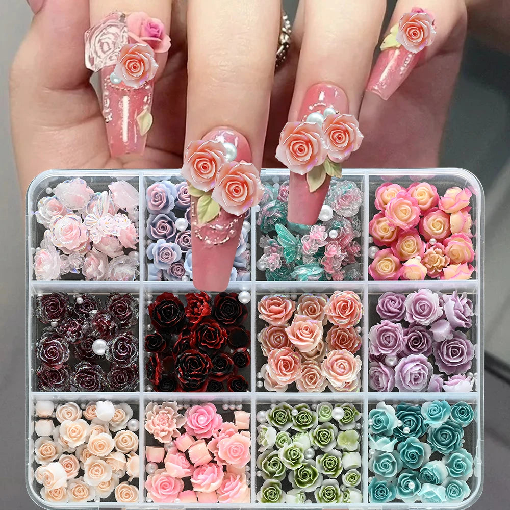 12Grids 3D Gradient Resin Rose Flower Nail Art Charms Colorful Arcylic Nail Art Decorations Pearl Peony Manicure Accessories&^_*