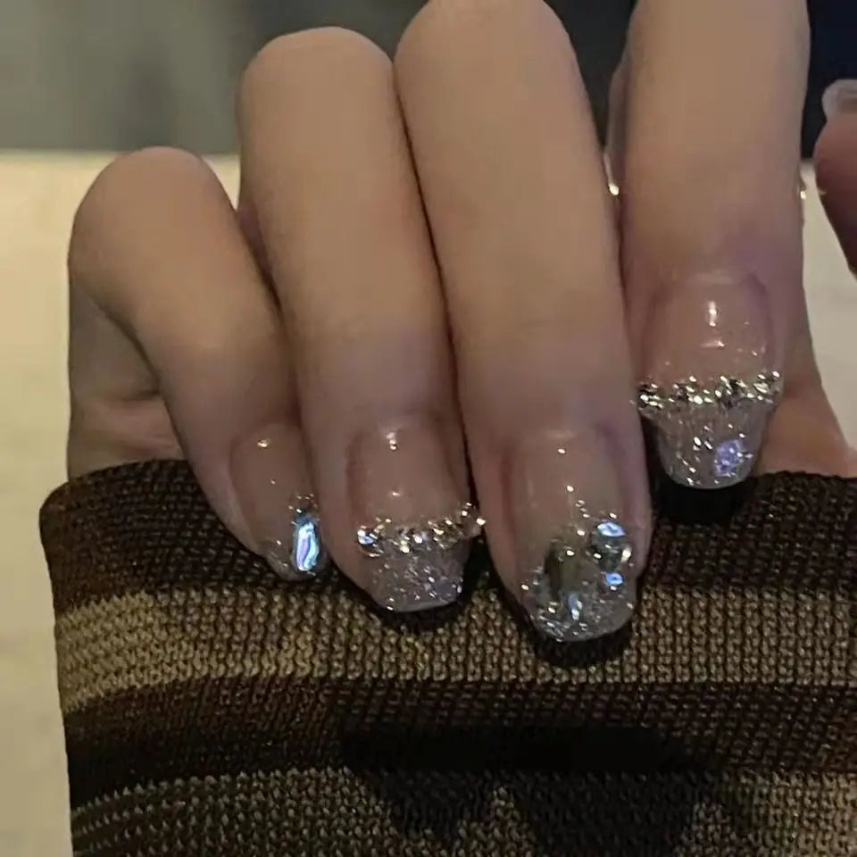 10pcs Handmade Spring Summer Press on Nails Bridal Sequins Bling Rhinestones Fake Nails Stick-on Nails with Design Self-nail
