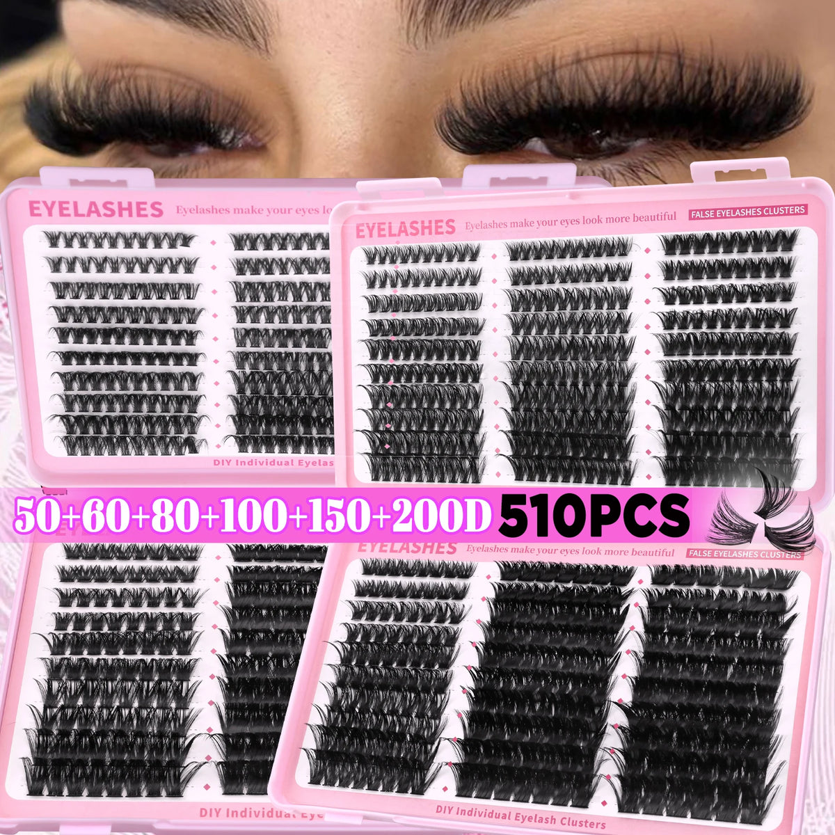 GROINNEYA Fluffy Lashes Clusters 510pcs D Curl 6 Styles 8-16mm Wispy Individual Lashes Soft False Eyelashes Eyelash Extensions