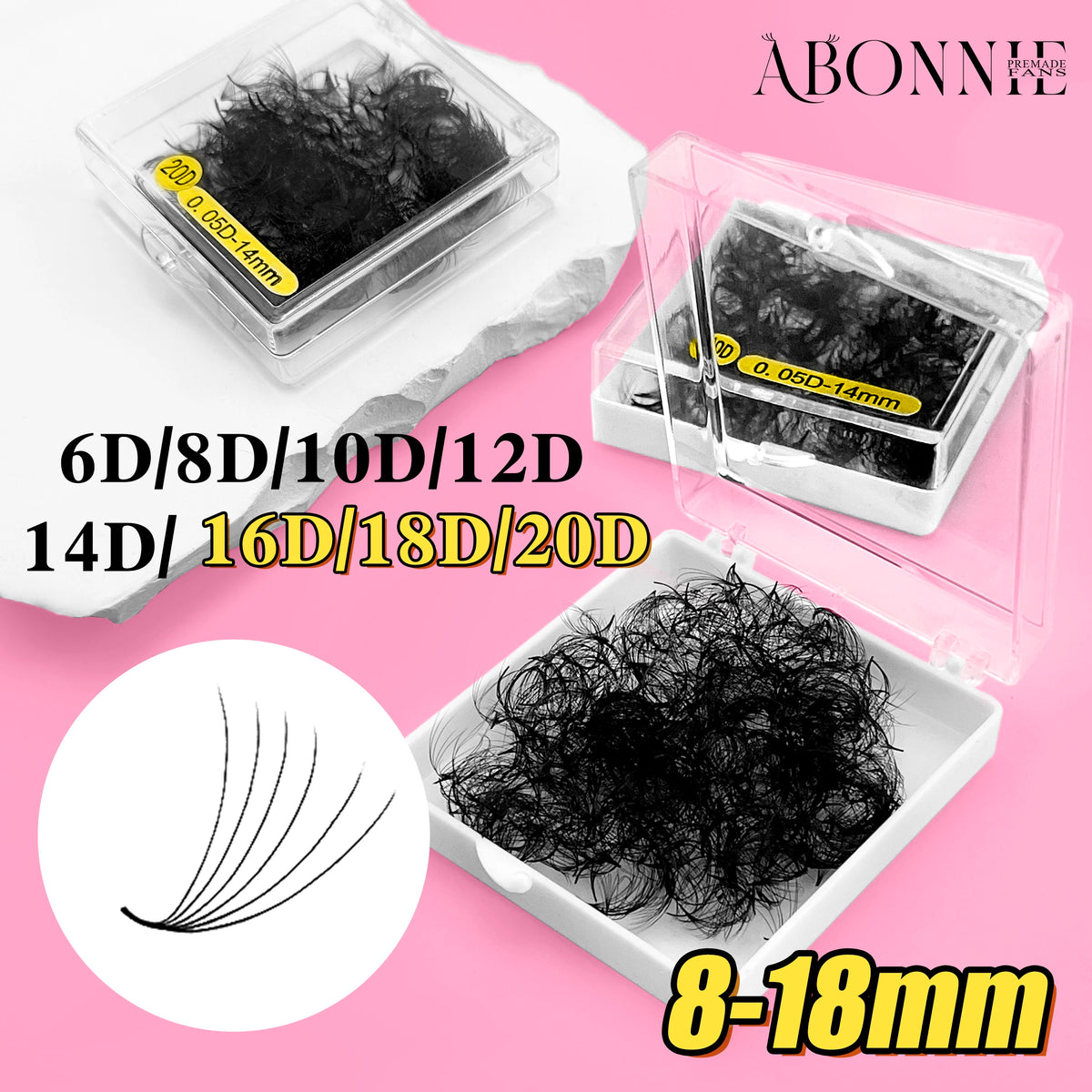 ABONNIE 500 Fans Loose Fan Lashes Extensions 6D-20D 8-18mm Pointy Base Premade Medium Stem Sharp Thin Russian Volume Eyelash