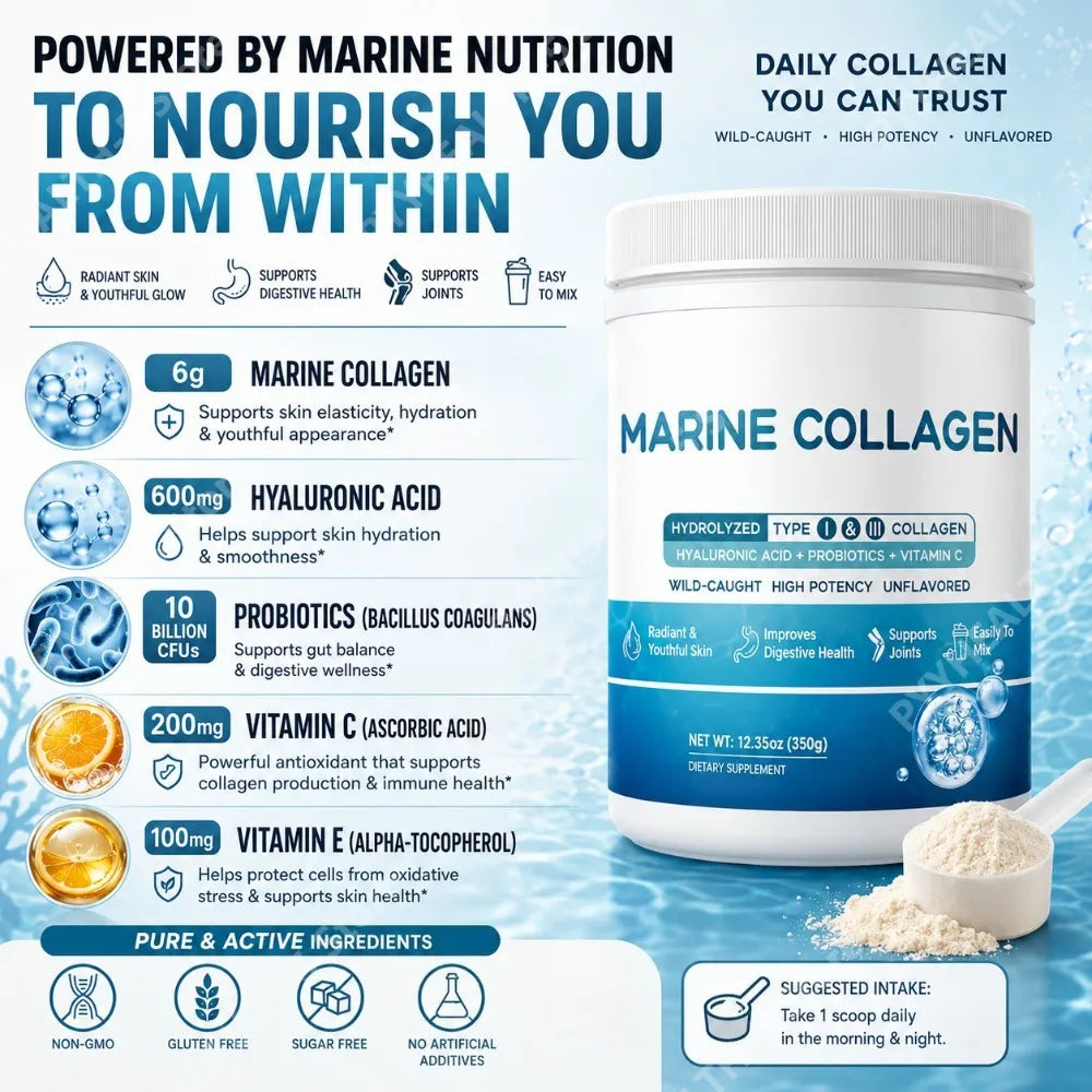 Multi-Source Collagen Powder 350g Type I III with Hyaluronic Acid Vitamin C Unflavored Daily Beauty Wellness Support
