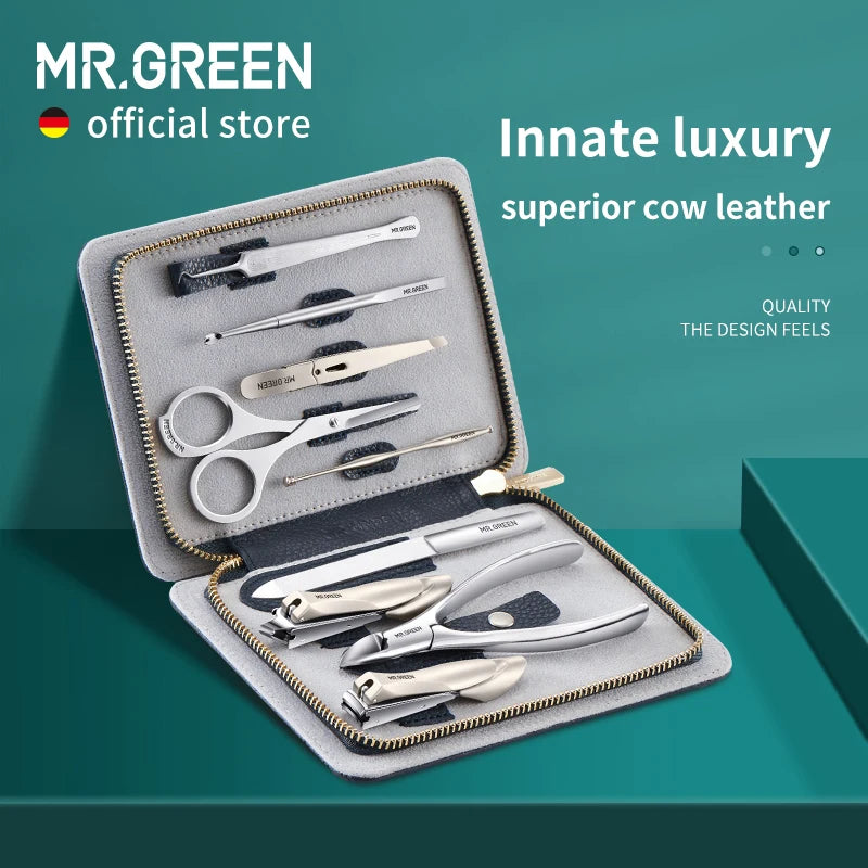 MR.GREEN Innate Luxury Manicure Set Surgical Grade Scissors Stainless Nail Clipper Kit Full Grain Cow Leather Package Pedicure
