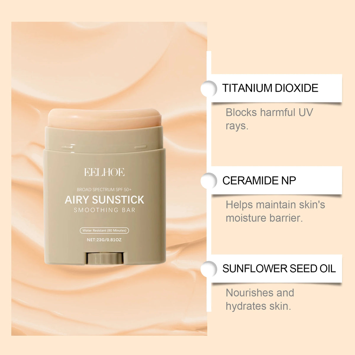 EELHOE 23g Moisturize Airy Sunstick SPF50+ Anti-UV Long-lasting Protector High Coverage Matte Natural Sunscreen Cream Skin Care