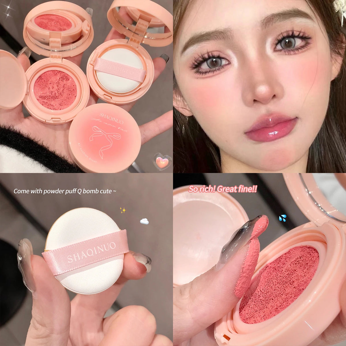 Creamy Air Cushion Blush Hydrating Matte Pink Natural Cheek Tint Brighten Face Waterproof Silky Liquid Blusher Cream With Puff