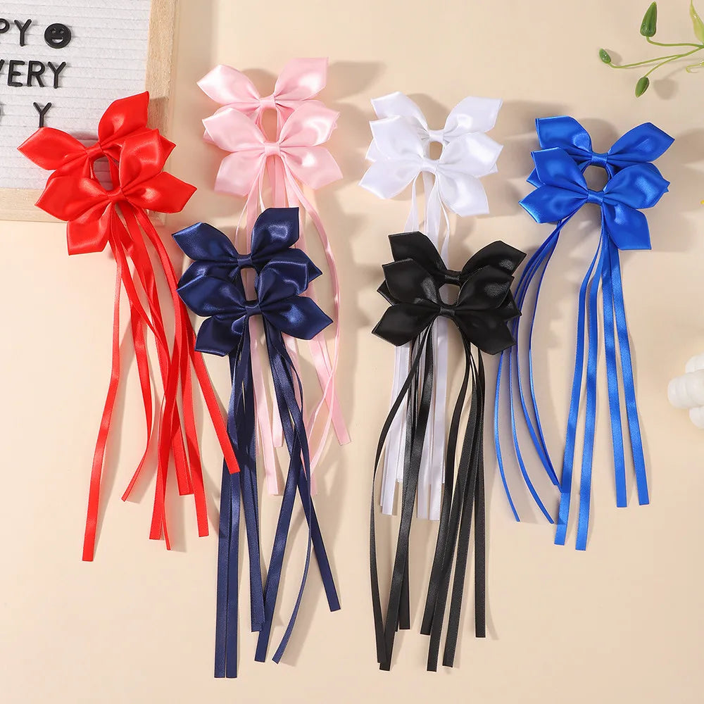 BABY BOWS 2Pcs Silky Satin Long Tassel Bow Hair Rubber Bands Sweet Ribbon Bow Hair Ties for Girls Head Decor