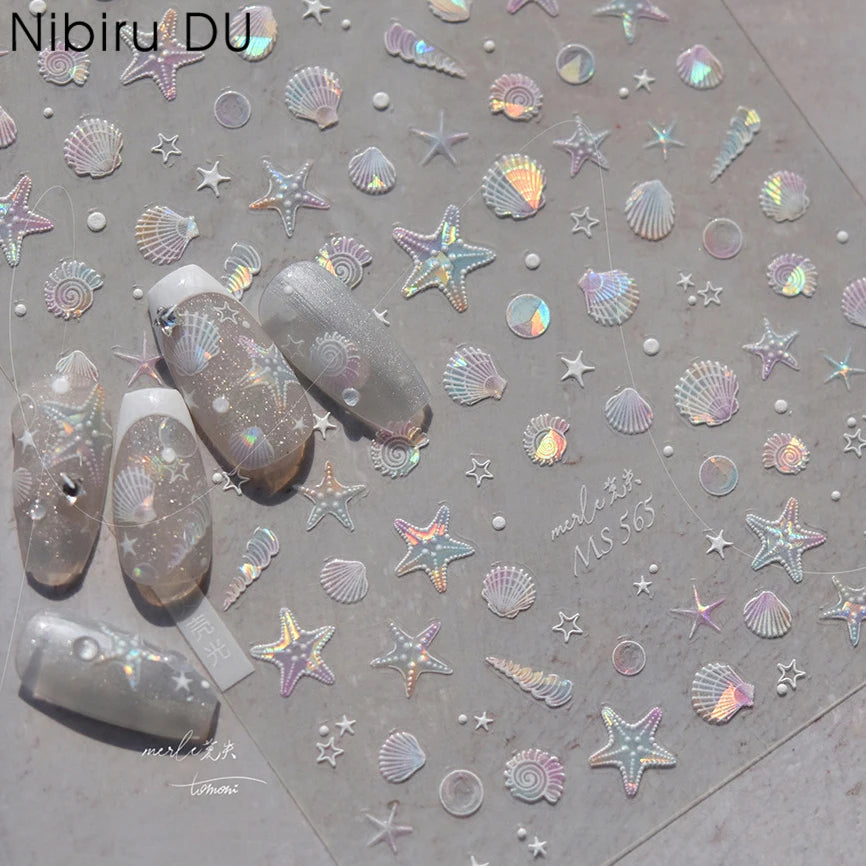 Soft Relief Summer Beach Ocean Shell Starfish Clams Conch Stars Seasnail Nail Art Stickers Manicure Decals for Summer Decoration