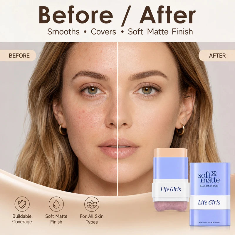 2 in 1 SPF30 Foundation Stick with Built-in Brush Soft Matte Full Coverage Waterproof Long Wear Concealer Makeup Base