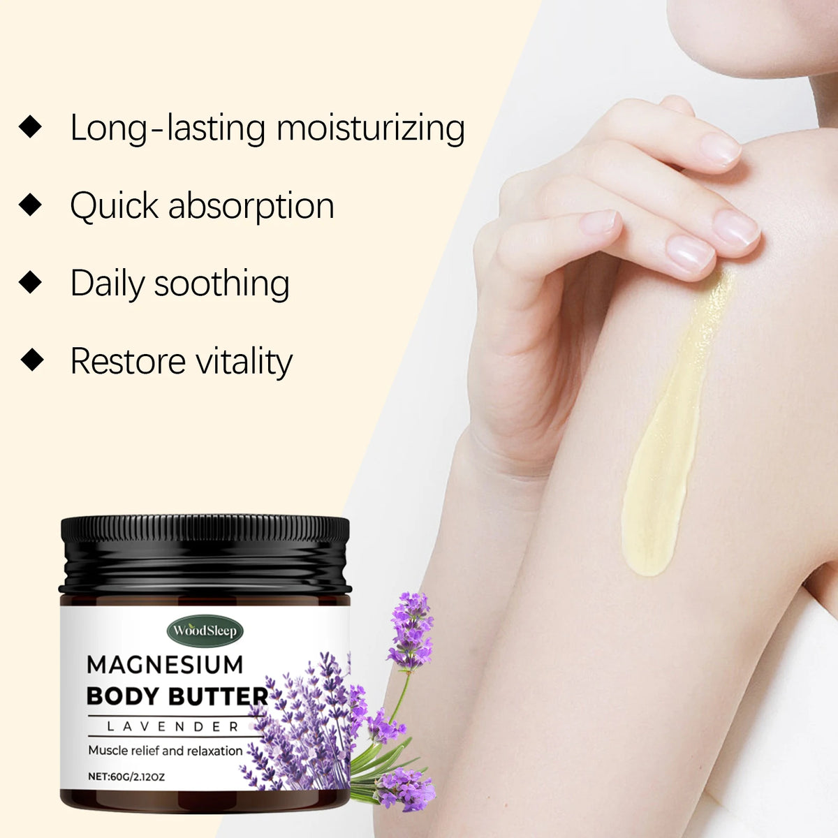 Magnesium Body Cream with Lavender Butter Lotion Relax Muscles Moisturizing Skin Relieving Dryness Smoothing Skin Care Product