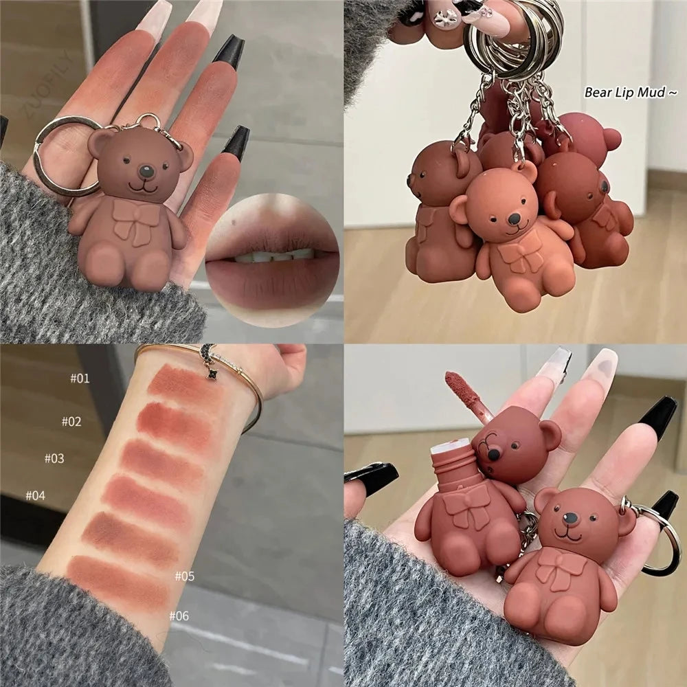 Matte Lip Mud Keychain Design Cute Bear Liquid Lipstick Velvet Sexy Red Lip Gloss Long Lasting Lip Tint Mud Cosmetics 6 Colors