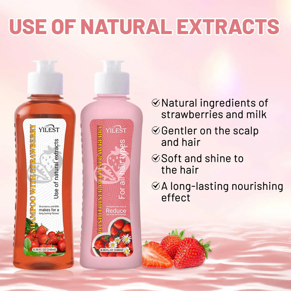 YILEST Shampoo and Conditioner Set for Hair Loss Dry & Damaged Hair Nourishing Care for Soft & Shiny Hair, Strawberry Scent