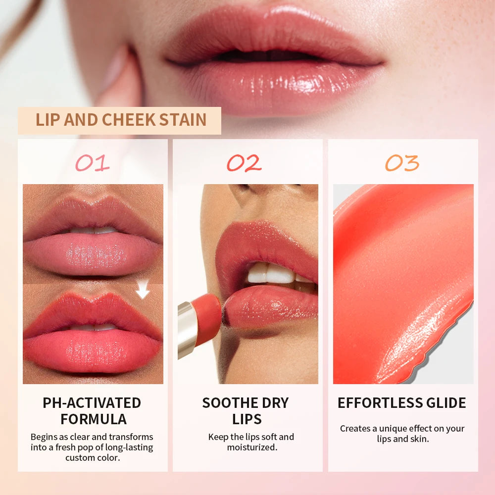 Lip And Cheek Stain pH Activated Formula Long Lasting Hydrating Deep Moisturizing Botanical Natural Color Change Lips Care