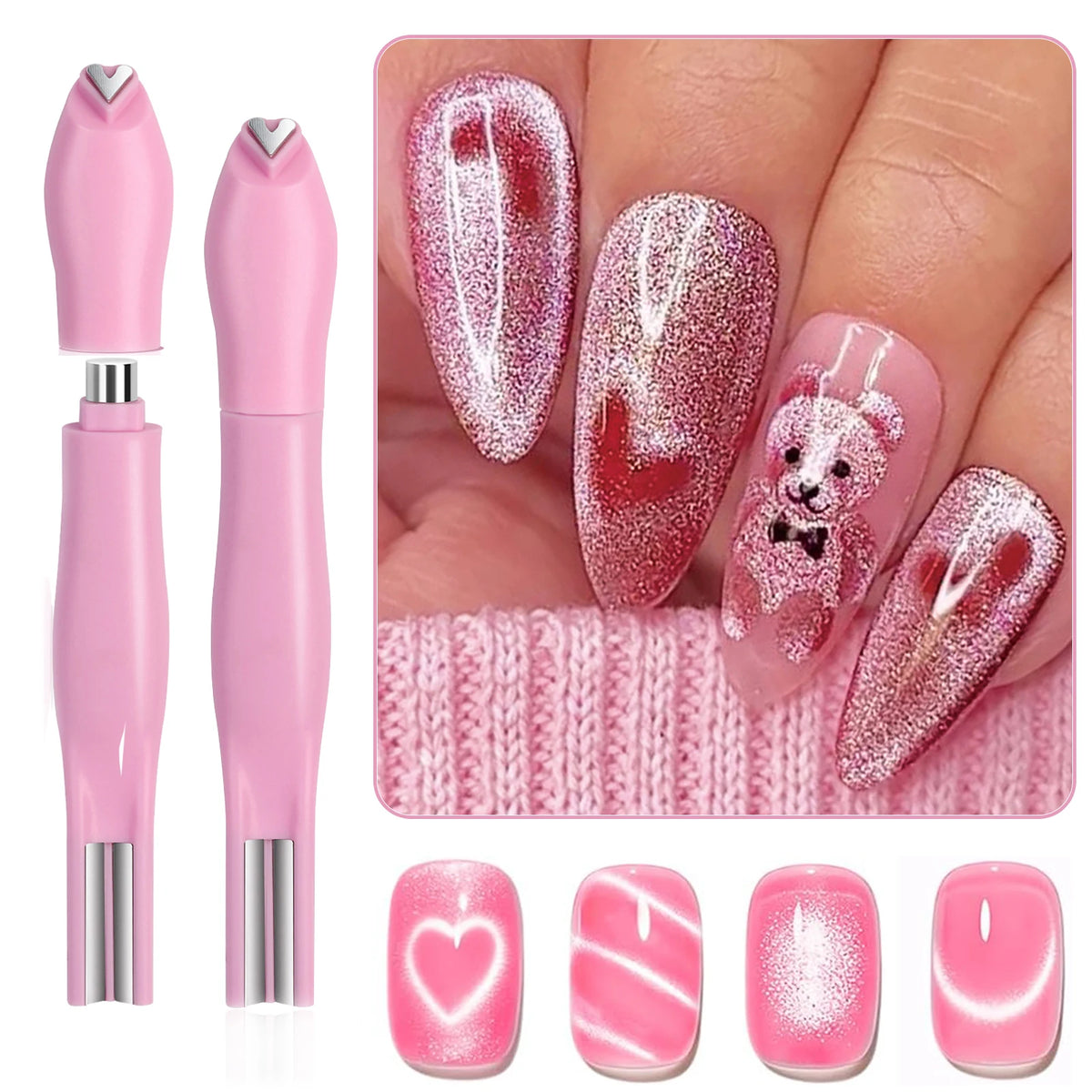 3 in 1 Nail Magnet Tool 3D Love Heart Cat Eye Nail Magnet Double Line Moon Snake Pattern French Nail UV Magnetic Stick Manicure