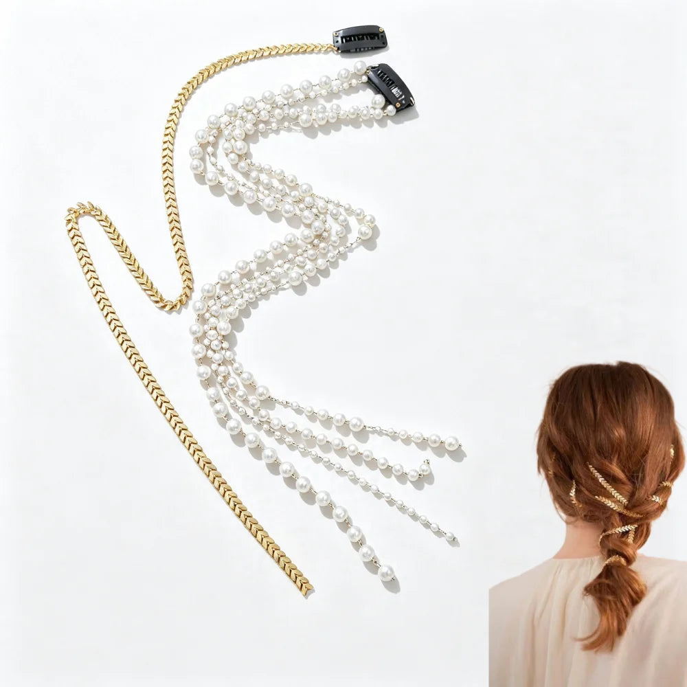 Pearl Tassel Hair Chain Clip Fishbone Long Strand Hair Extension Accessory Wedding Bridal Multi-Layer Beaded  Hairstyle Decor