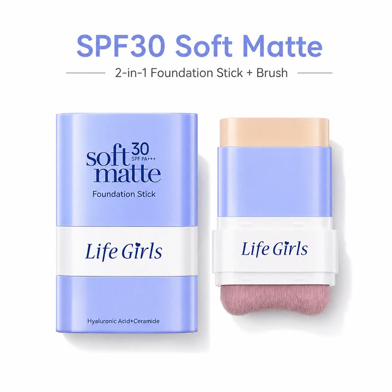 2 in 1 SPF30 Foundation Stick with Built-in Brush Soft Matte Full Coverage Waterproof Long Wear Concealer Makeup Base
