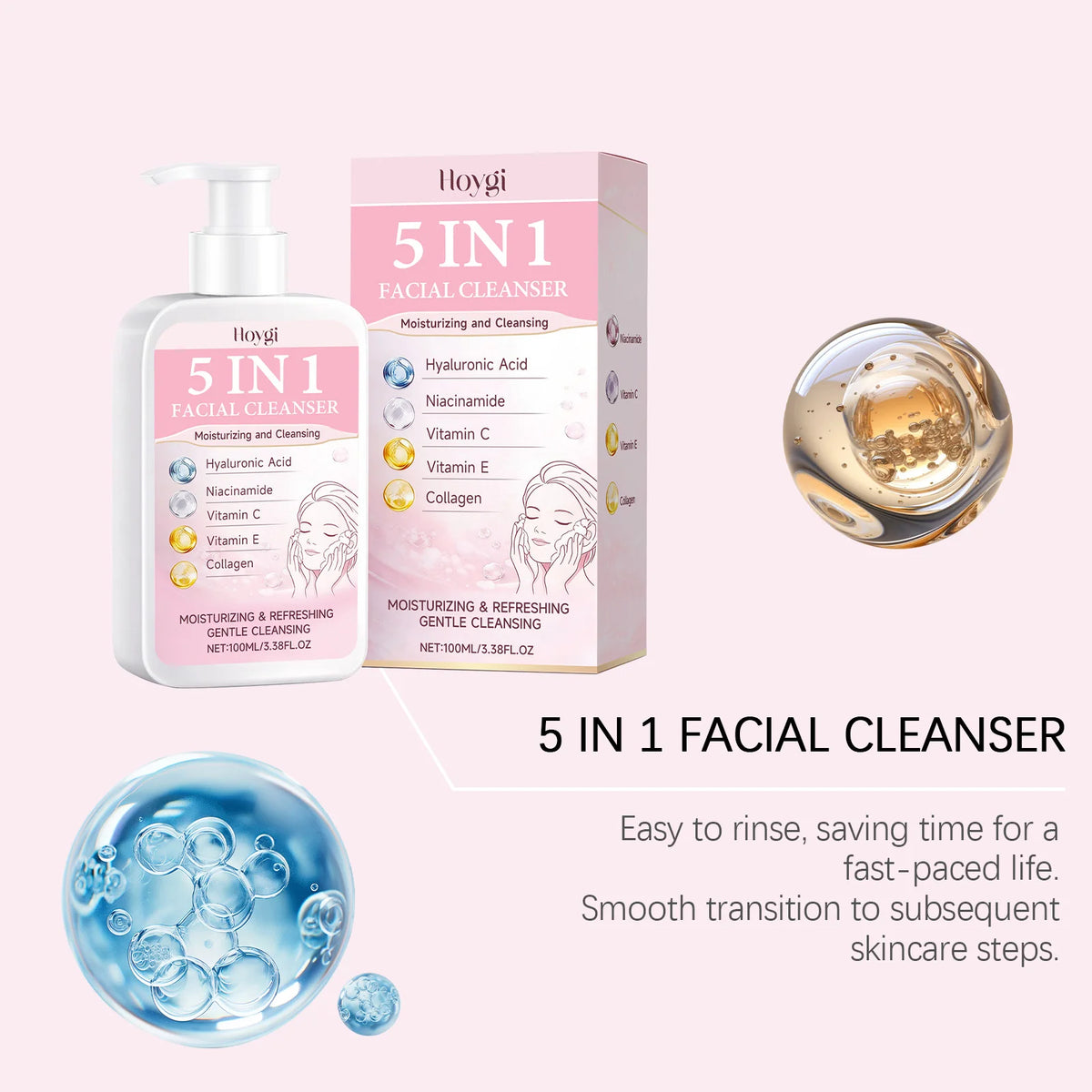 HOYGI Hydrolyzed Collagen Facial Cleanser Foam Deep Cleaning Remove Acne Oil Control Gentle Exfoliating Shrink Pores Face Wash