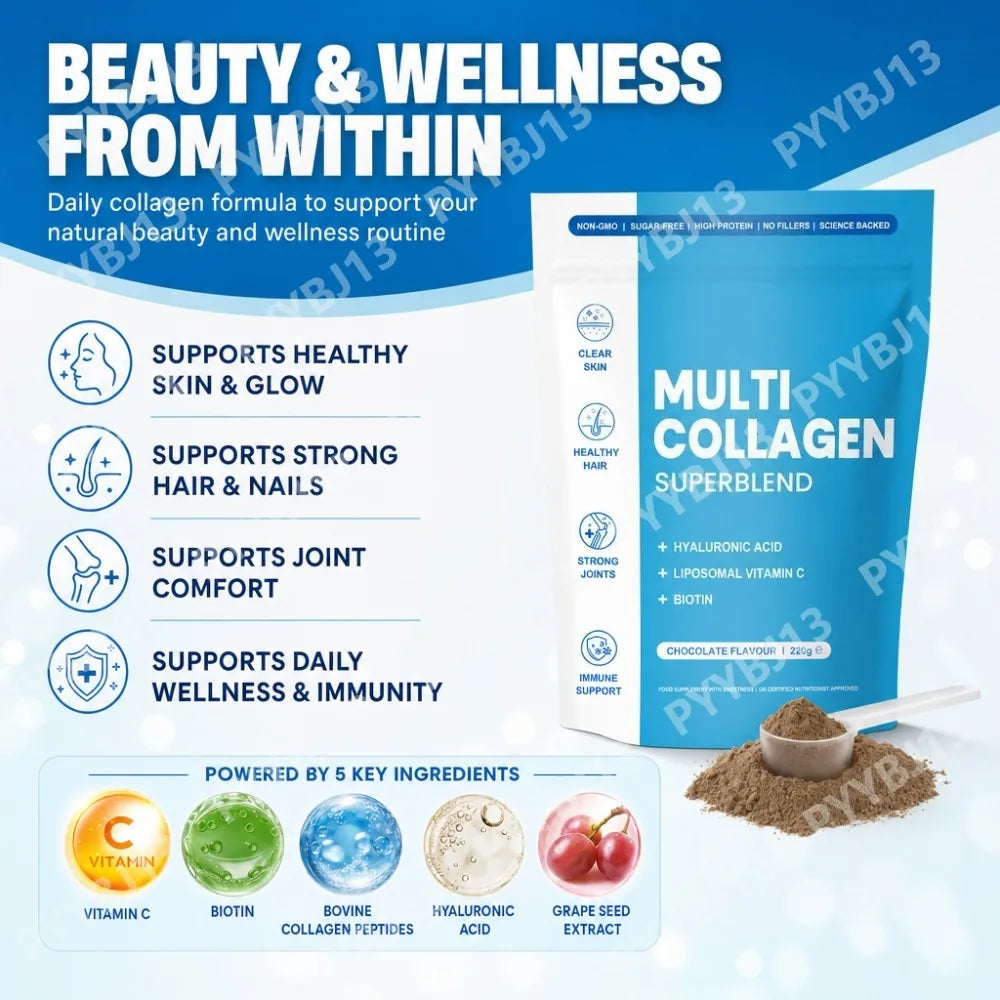 Multi Collagen Peptides Powder with Bovine and Marine Collagen, Hyaluronic Acid, Vitamin C and Biotin, Chocolate Flavour, 220g