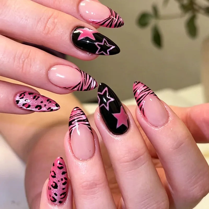 24pcs Y2K Pink Zebra Leopard Press on Nails Star Glossy Nude Black Fake Nail Short Almond Full Coverage Nail Tips for Women