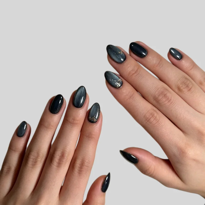 24Pcs Fake Nails Black Cat Eye Starry Sky Minimalist Instagram Style Short Almond Press-On Nail Tips Perfect Gift for Girls