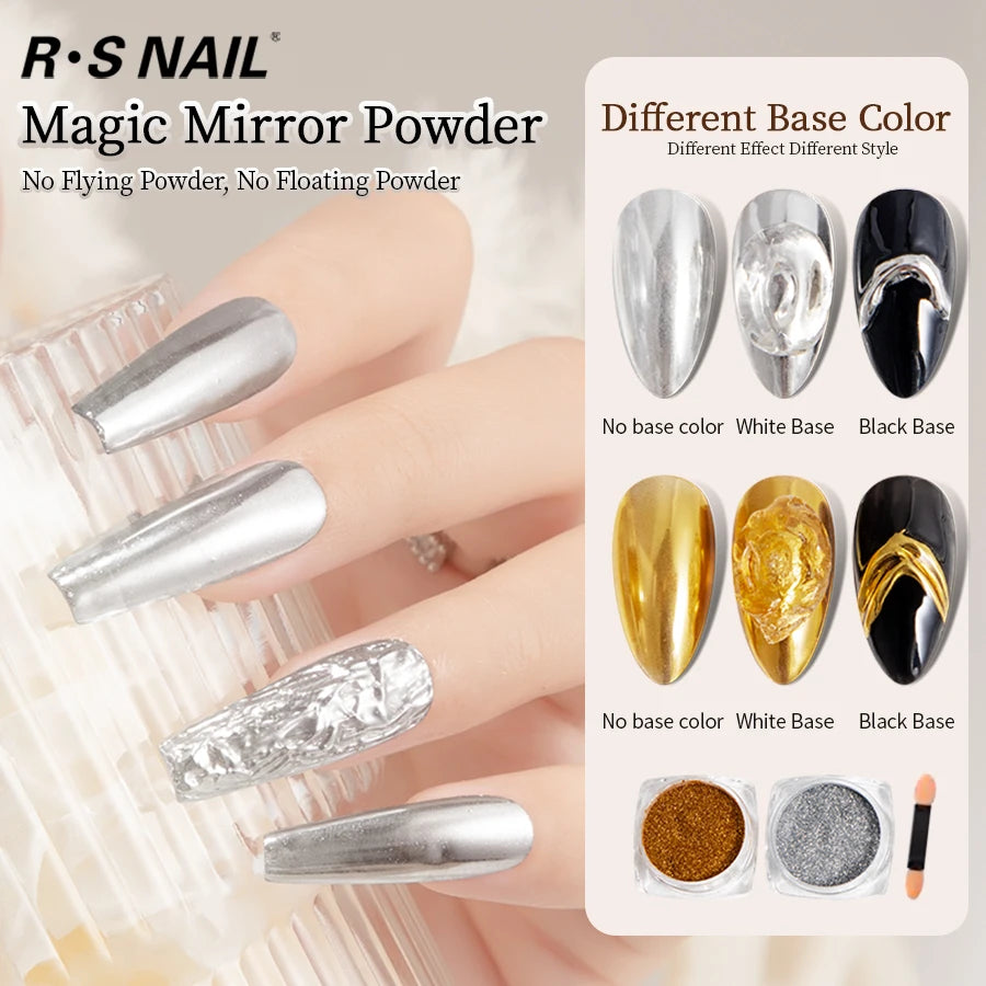 RS Chrome Nail Powder Holographic Magic Mirror Metallic Golden Silvery Rubbing Nail Art Glitter Dust For Nail Design Decoration
