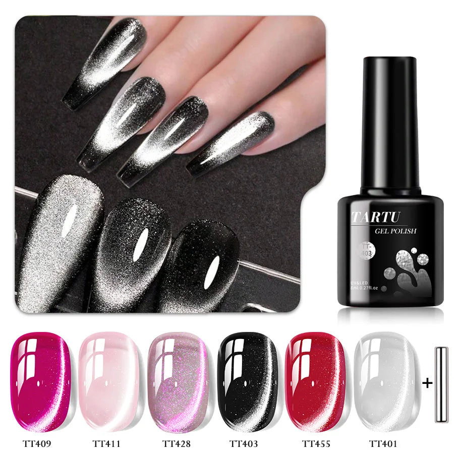 TARTU 6pcs 8ml Nude Pink Red Blue Green Brown Black Cat Eye Nail Gel Set, 6 Colors Semi-permanent Gel Polish Kit, Soak Off Uñas