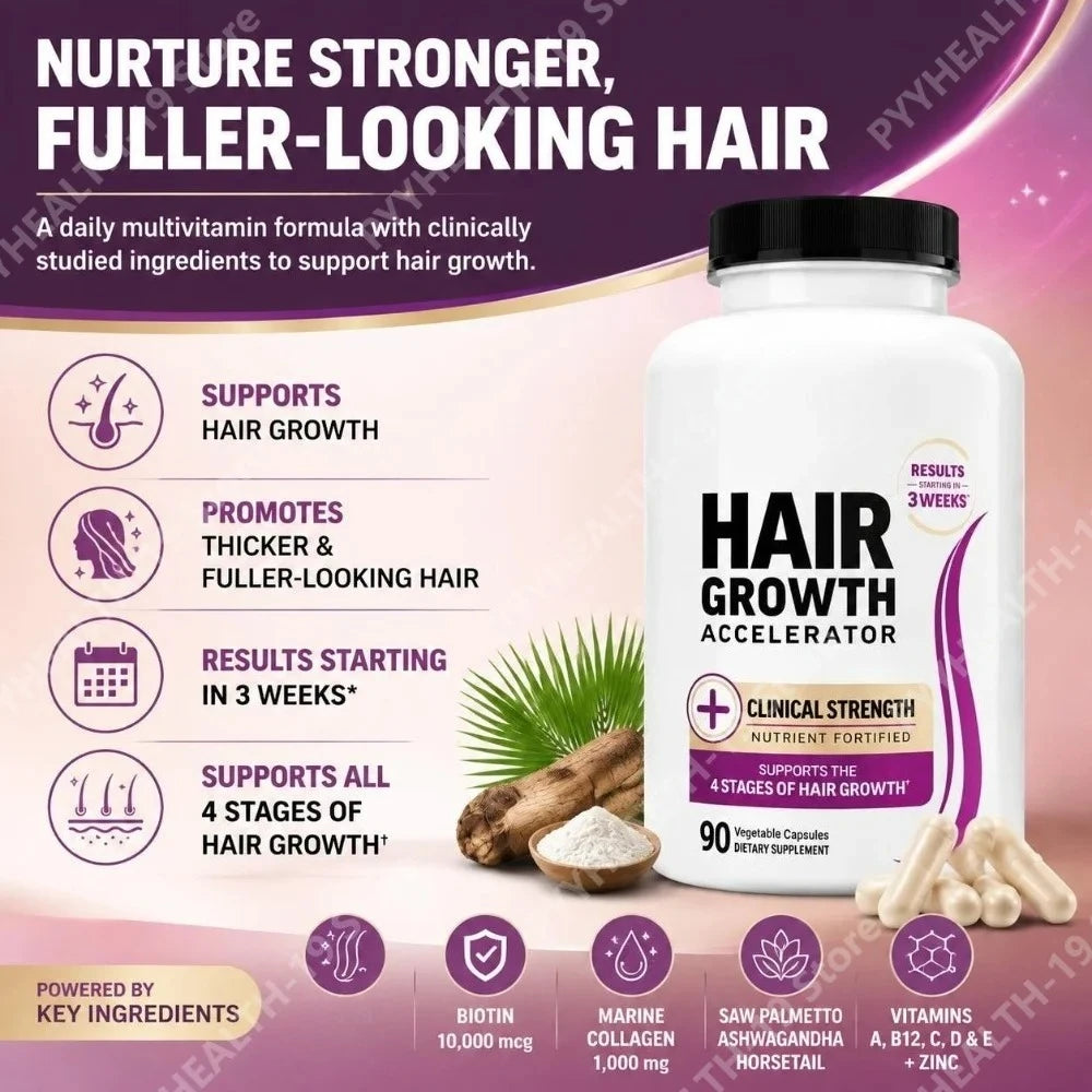 Hair Growth Accelerator Capsules with 10000 mcg Biotin Marine Collagen 90 Count Supports Hair Growth Thicker Fuller-Looking Hair
