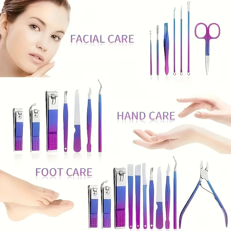 6/9/18/26/30pcs Manicure Set, Stainless Steel Gradient Professional Pedicure Kit Nail Scissors Grooming Kit With Travel Case