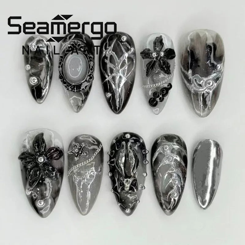 24PCS Gothic Dark Black Almond Press on Nails with Glue 3D Flowers Metallic Star Fake Nails Silver Heart Punk French False Nails