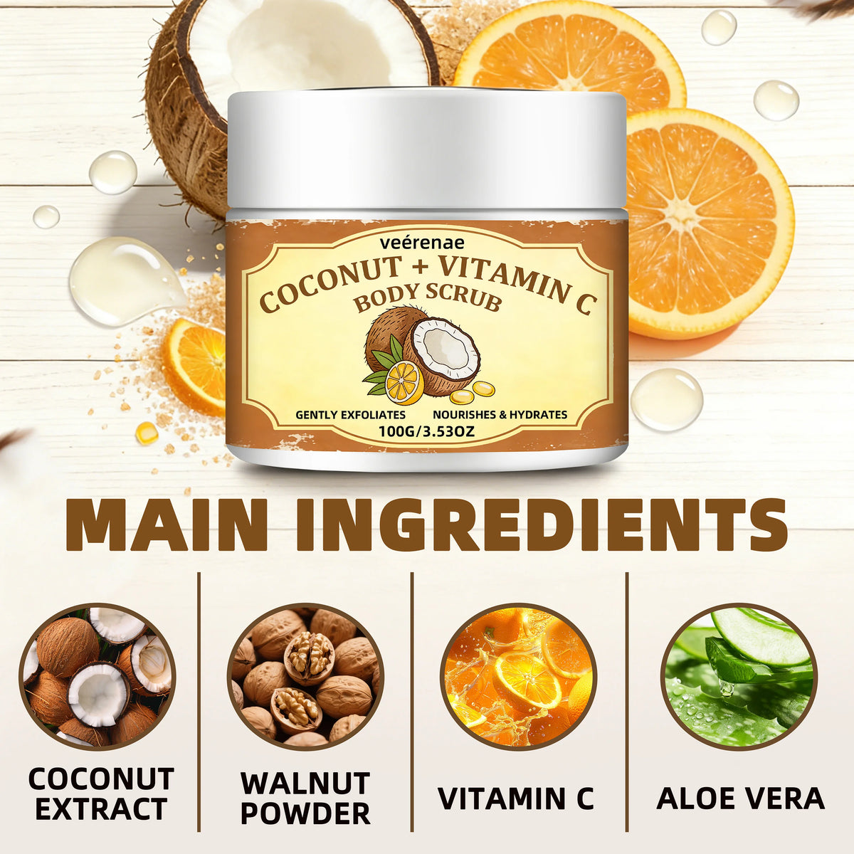 veérenae Coconut Vitamin C Scrub – Gentle Full Body Exfoliator for All Skin Types, Daily Deep Cleanse