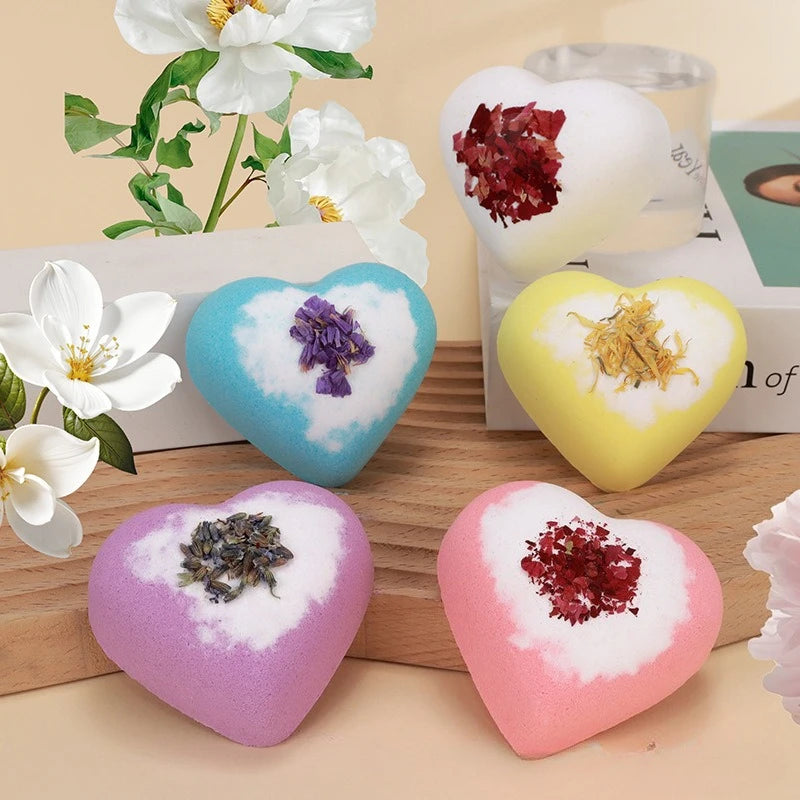 80g Heart Shape Bath Salt Dried Flower Fizzy Salt Ball Essential Oil Aromatherapy Spa Bubble Bath Soak Hotel Luxury Bath Gift