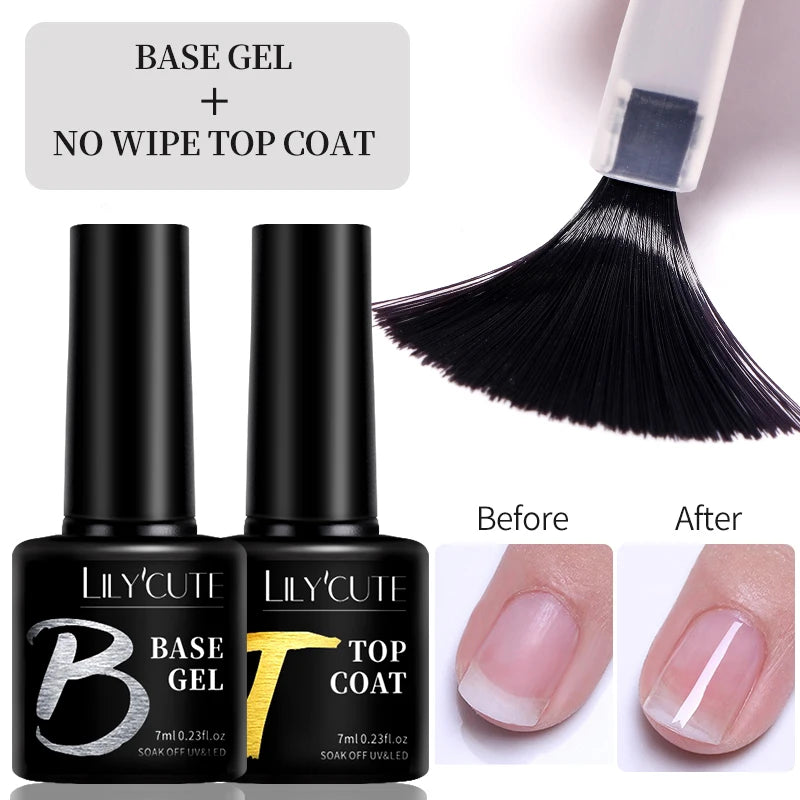 LILYCUTE 7ml Base Nowipe Top Coat Soak Off UV LED Gel Nail Polish Reinforcement Gel Semi Permanent Multifunction Gel Varnishes