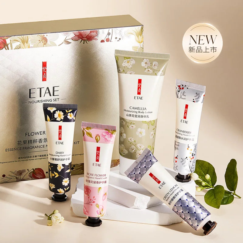 Floral and Fruit Essence Fragrance Moisturizing Hand Cream, Gift Box Set with Body Lotion, Compact Portable Fragrance Hand Cream, Easy to Apply Daily for a Fresh Scent, Long-Lasting Fragrance Without Being Overpowering, Full
