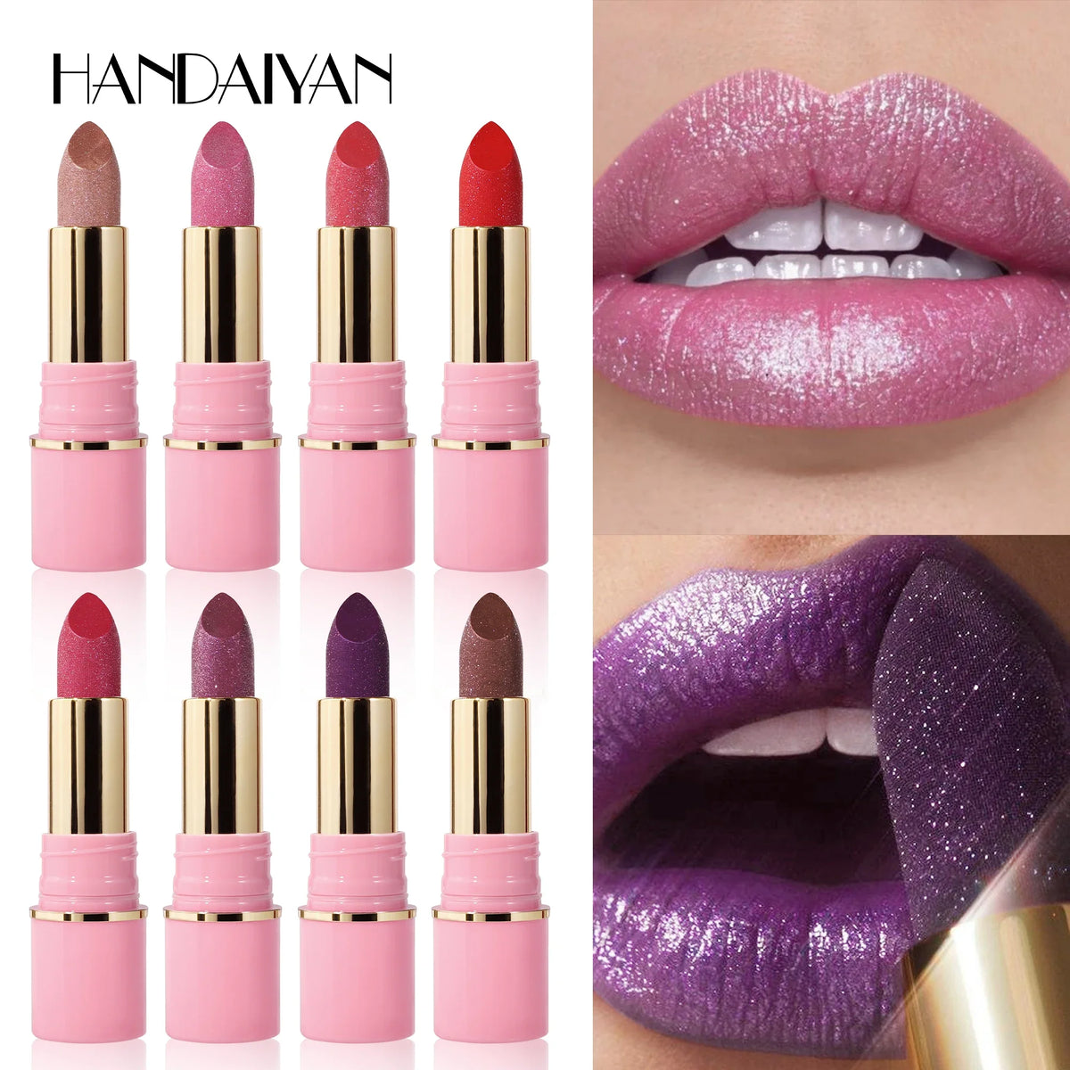 8 Colors Glitter Diamond Lipstick Long-Lasting Pink Brown Pearlescent Metallic Purple Sparkling Lipstick Makeup Cosmetic