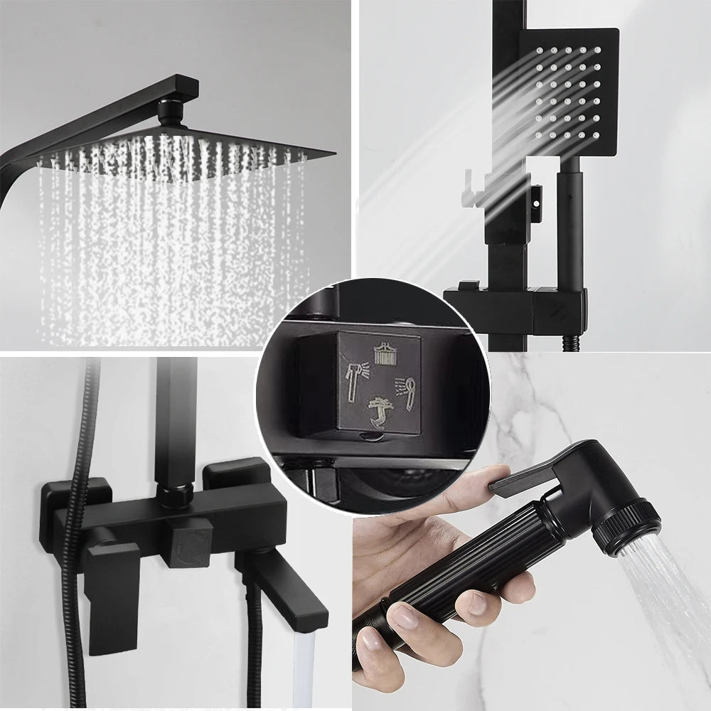 SINLAKU Rainfall Bathroom Shower Faucet Set With Rack Shelf Bathtub Mixer Tap Black Wall Mounted Brass Bath Cabin System