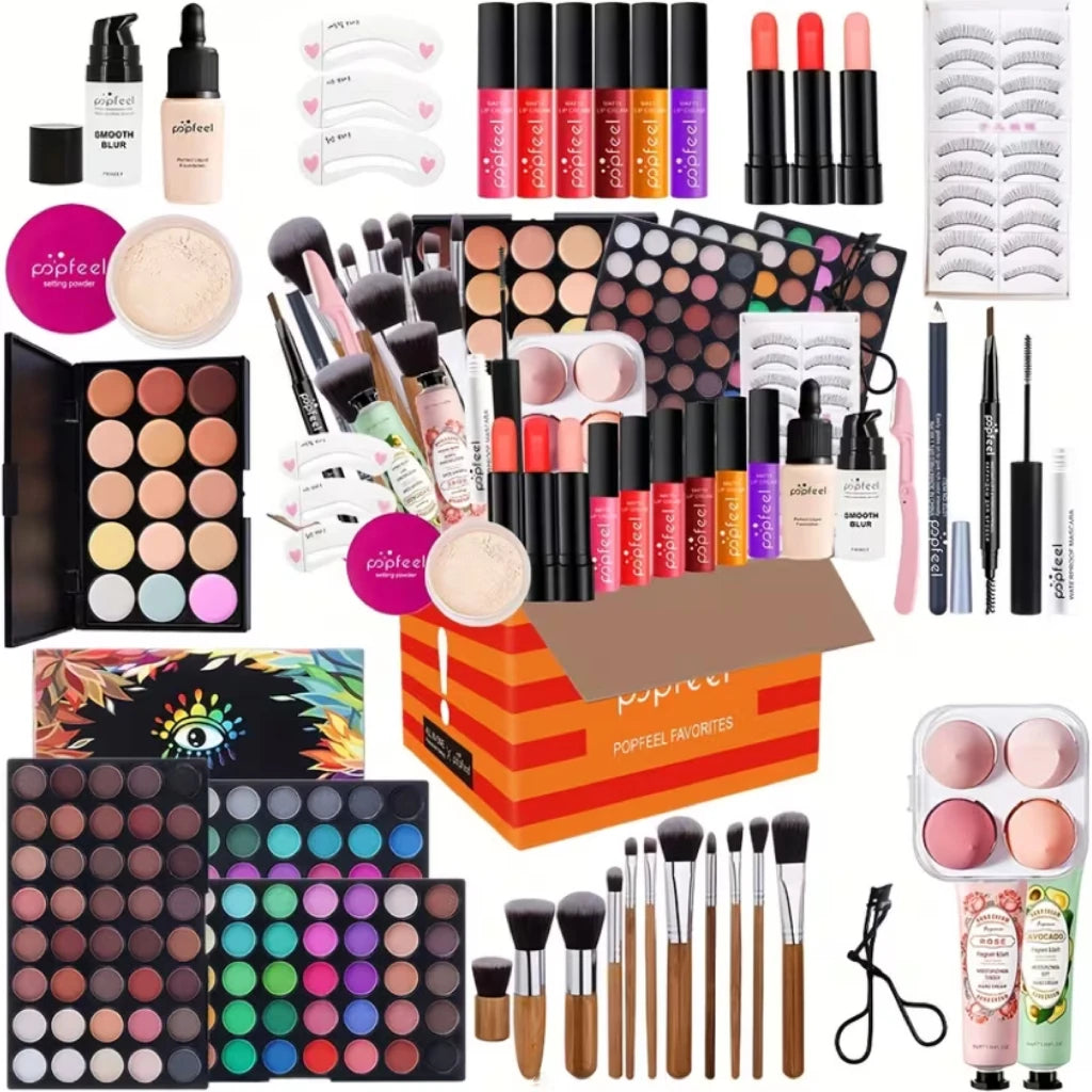 POPFEEL All-in-One Full Face Makeup Kit with Brush+Volumizing Mascara-Complete BeautySet, Berry & Neutral Foundation, Blush, Eyeshadow Palette & Mascara Suitable for Gifts orPersonal Use, Comprehensive Powder-Based Makeup Col