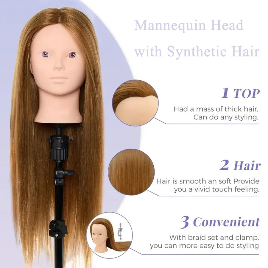 Mannequin Head with Synthetic Hair with Tripod Stand - 24" Makeup Cosmetology Manikin Doll Head for Hair Styling