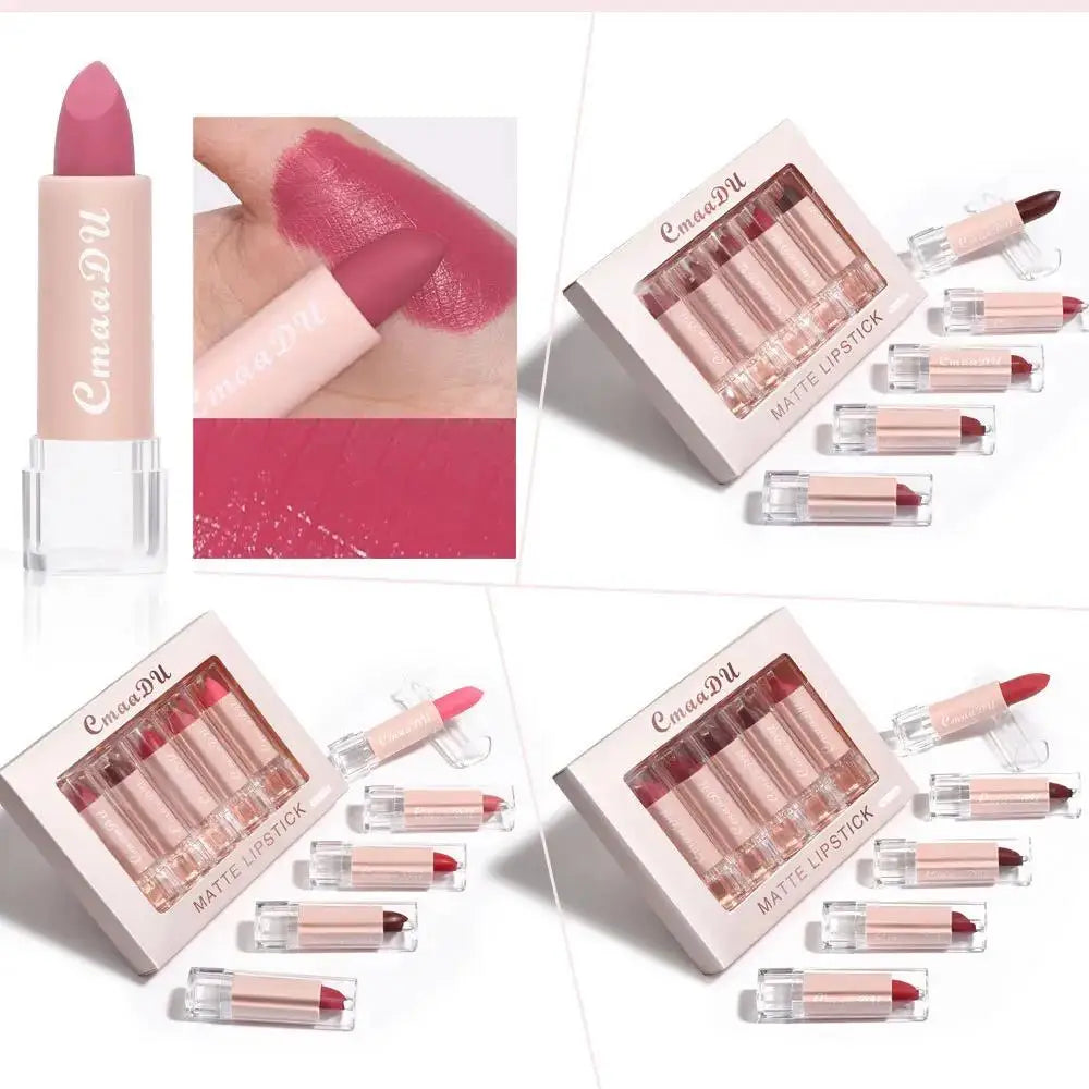 Velvet Matte Lipstick Set 5pcs Long Lasting Waterproof Red Nude Lipsticks Non Stick Cup Makeup Cosmetics Collection