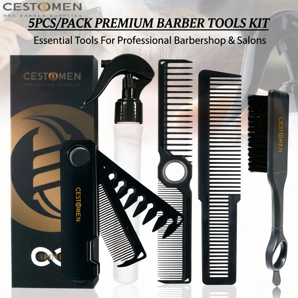 5PCS/Set Pro Barber Fine Mist Spray Bottle Spining Dual-Side Tooth Folding Haircut Comb Duster Hair Cleaning Brush Styling Tools