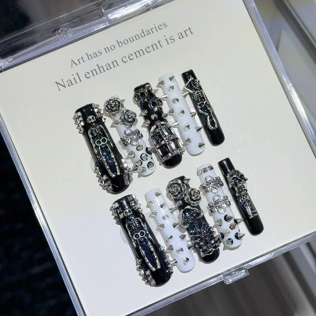 10pcs Handmade Long Coffin Press on Nails Halloween Cyberpunk Dark Rivet Design False nails European Heavy Metal Fake Nail Tips