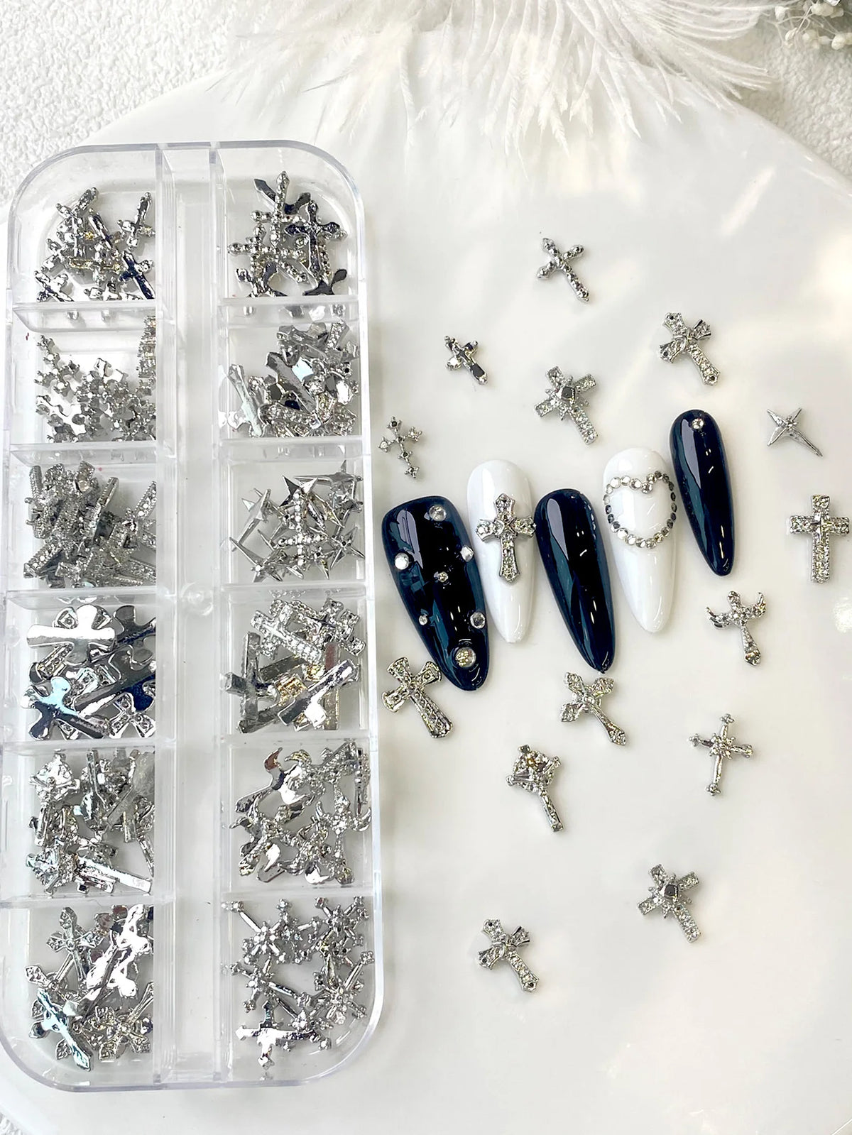 TSZS 12 Grids Y2K Silver Cross Nail Art Charms Mix Design Punk Starlight Cross with Wing Nail Decoration