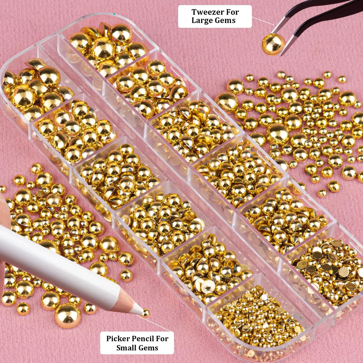 12Grid Gold&Silver Half-Beads Nail Charms With Pick Pen+tweezers Metal Nail Round Caviar BallY2K 2/3/5/6/8mm Flat-Back Nail Bead
