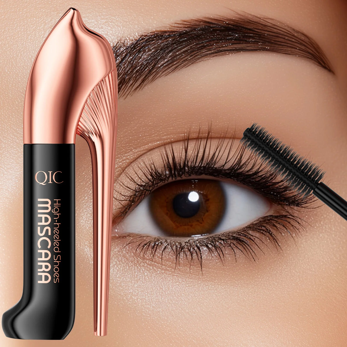 QIC High-heeled Shoes Mascara 3D Fiber Mascara, Long Black Volumizing Eyelash Extension, Waterproof Eye Makeup Tool