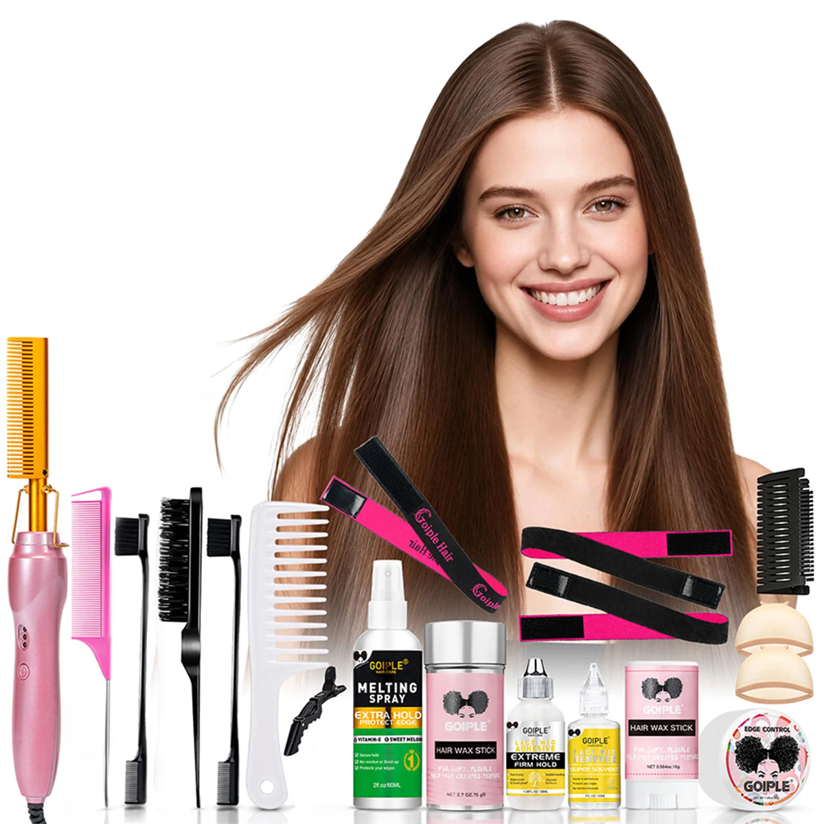 GOIPLE Electric Hot Comb Set, 3 Heat Settings Gold Heated Press Comb in Champagne Pink with Edge Styling and Wig Accessories