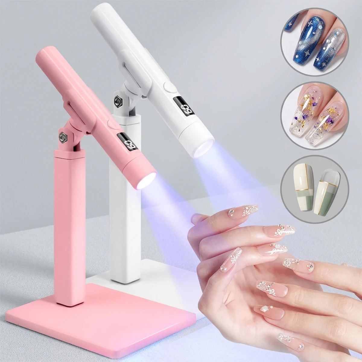 Portable Nail UV LED Lamp and LED Light Support Base for Nails Gel Polish Drying UV Lamp for Nails Art Desk Stand Rechargeable