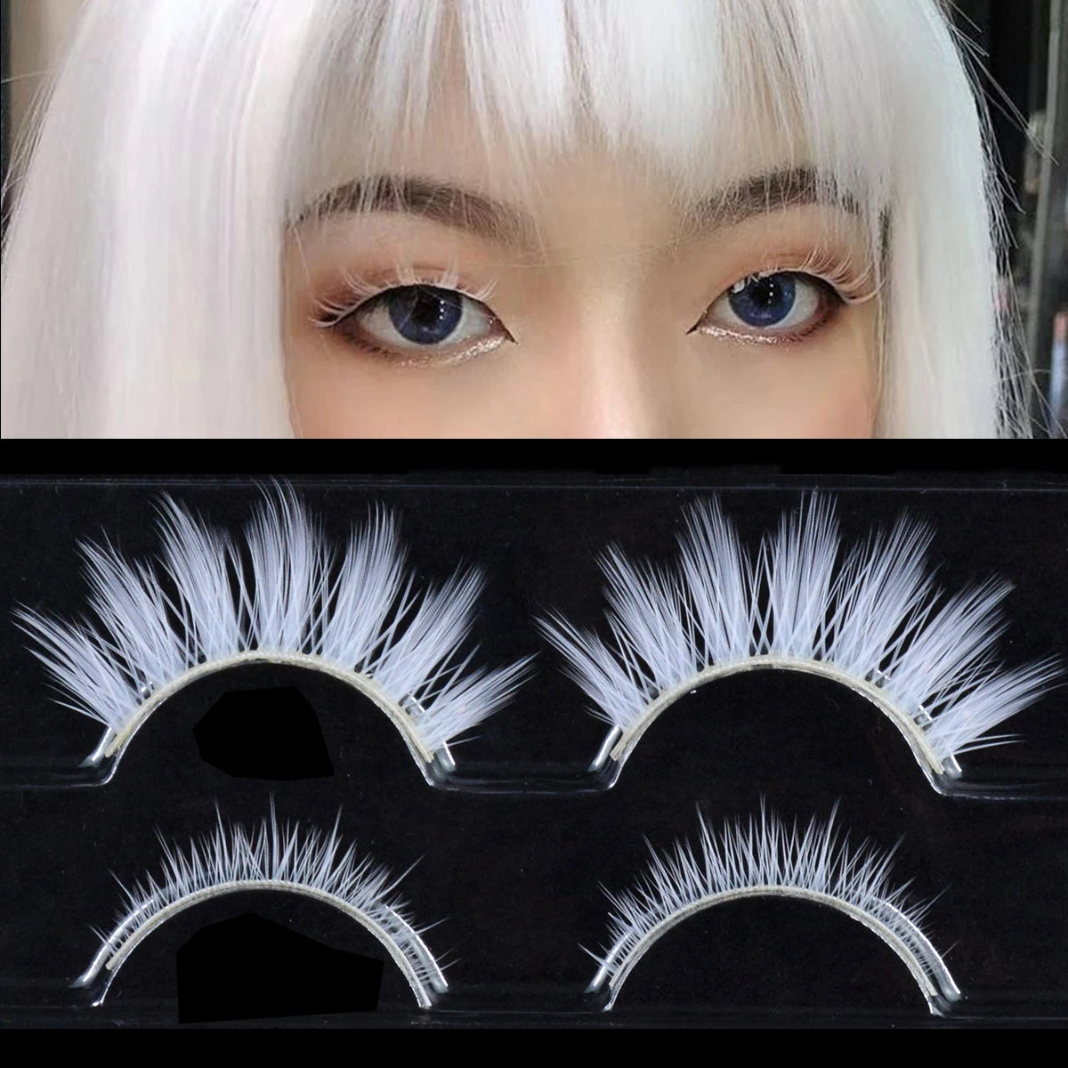 2 Pairs/cas 3D White Eyelashes Clear Band Snow Color Eye Lashes Cosplay Halloween Manga Lashes Makeup Up and Lower Bottom Lashes