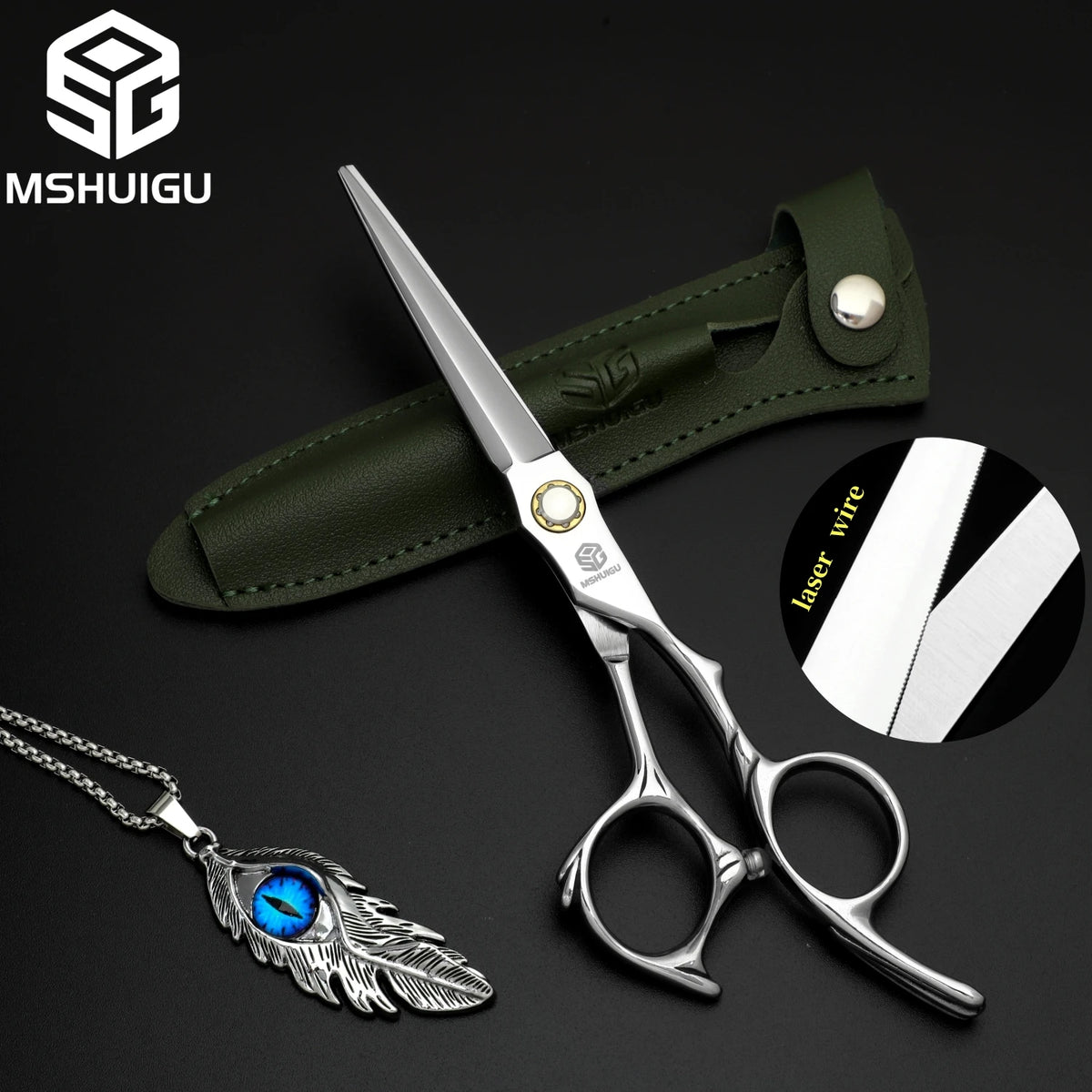 MSHUIGU 440C Professional Barber Scissors 6-7 Inch Laser Wire Serrated Blade Multi-Functional Thinning Hair Shears for Salon Too