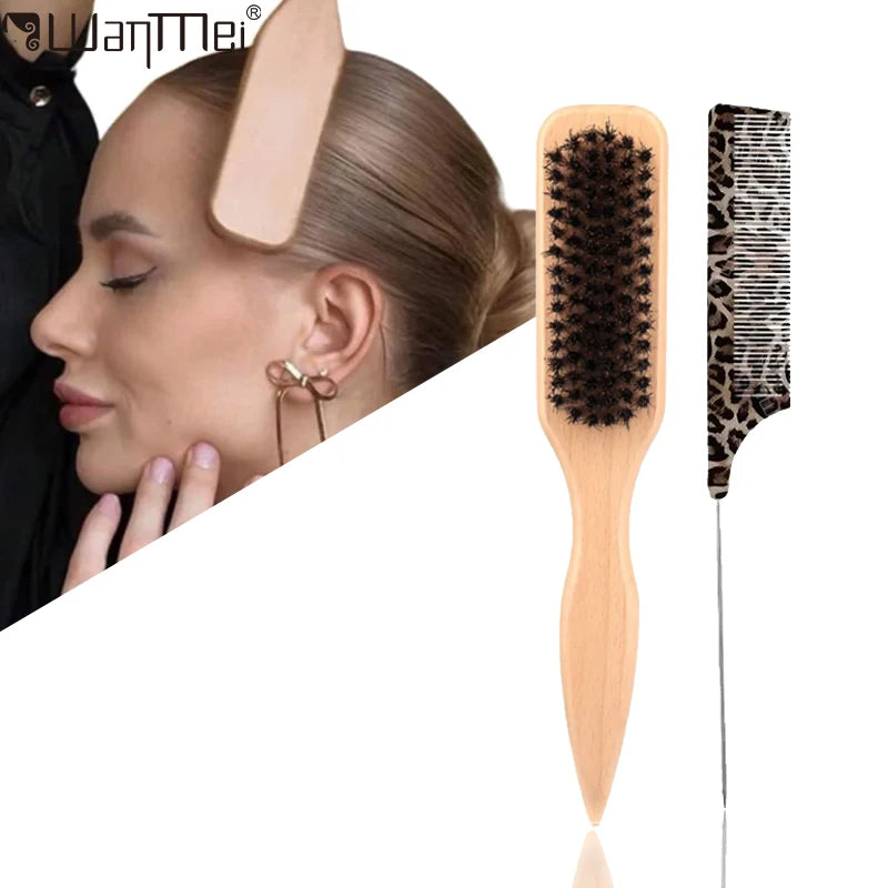 1/2Pcs Boar Bristle Hair Brush Leopard Print Pin Tail Comb Set Wooden Hair Brush Smoothing Teasing and Hair Styling Salon Use