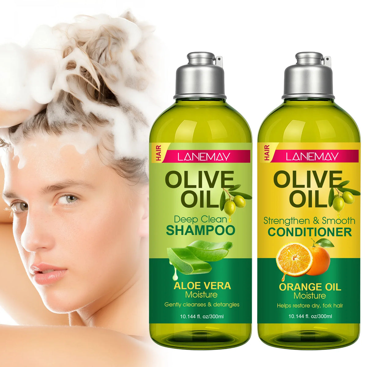Olive Oil Shampoo & Conditioner Set with Aloe Vera & Orange Oil | Deep Clean, Strengthen & Smooth Frizzy Hair, 300ml Each