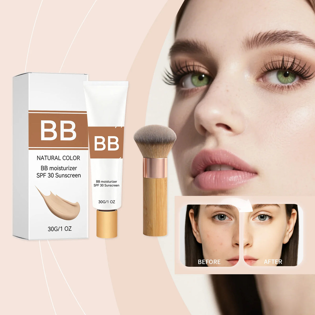 SPF 30 Tinted Moisturizer BB Cream with Hyaluronic Acid Hydrating Skin Tint Natural Glow Foundation & Eco Brush Face Makeup