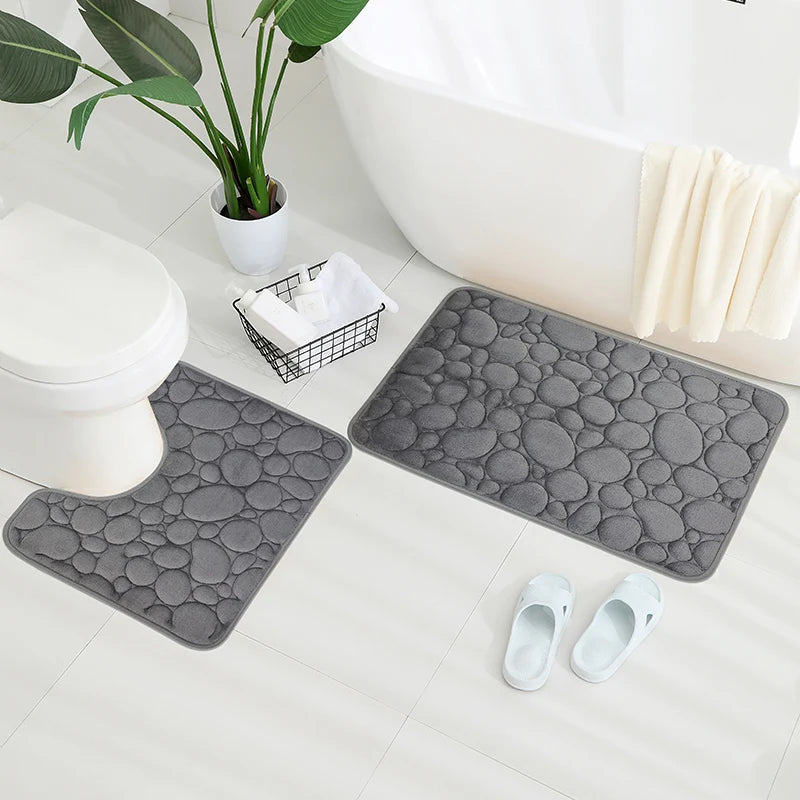 Embroidered Pebble Coral Velvet Floor Mat, Bathroom Carpet, U-shaped Sponge Absorbent Foot Mat, Door Mat, Two-piece Set